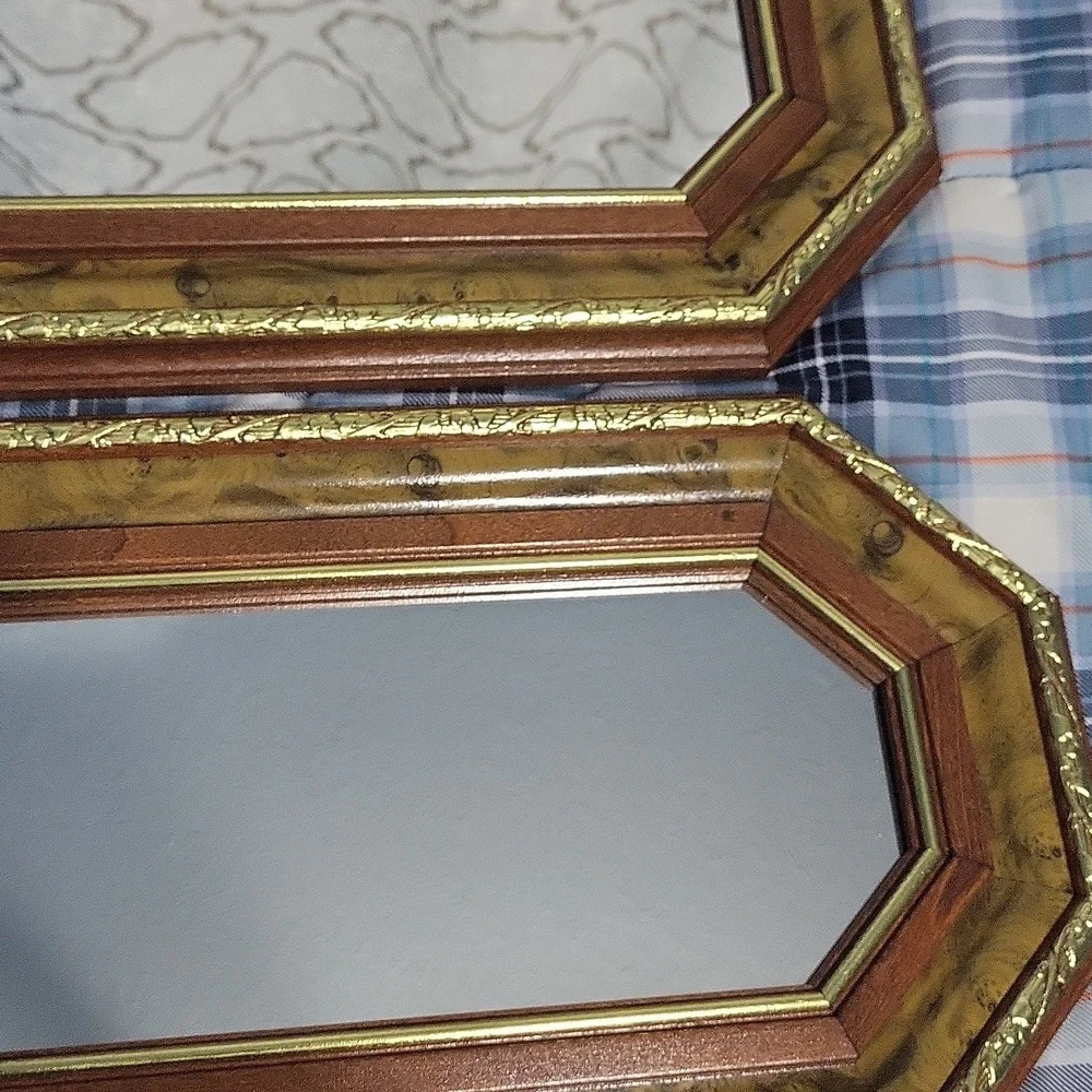 2 Vintage Home Interiors long Octagonal wall hanging mirrors decor wood USA